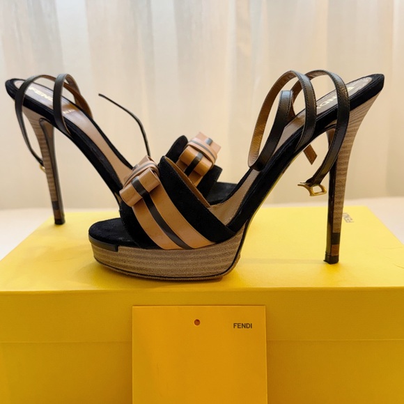 Fendi Black and Tan Strappy Heels Zucca FF Logo Leather Sandals - Picture 3 of 8